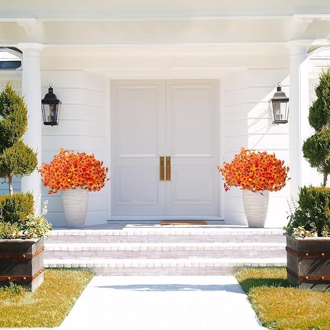 16 Bundles Artificial Fall Flowers for Outdoors Fake Plants UV Resistant Plastic Plants Shrubs Bushes for Home Fall Front Door Porch Garden Autumn Decor (Fall Orange)