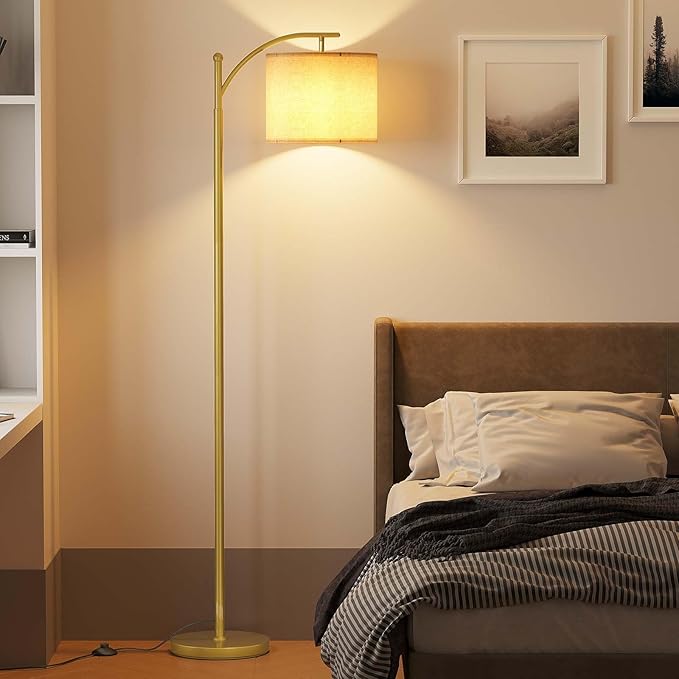 SUNMORY Arc Floor Lamp,Modern Floor Lamp with 9W 3 Color Temperatures Bulb,Metal Standing Lamps with Adjustable Hanging Lampshade,Tall Floor Lamps for Living Room,Bedroom, Gold Without Remote