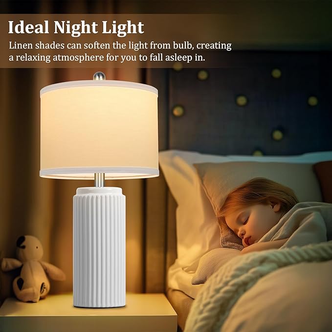 TOBUSA 23.5’’ Modern White Ceramic Lamps Set of 2, Living Room Retro Side Table Lamps, Farmhouse Bedside Nightstand White Lamps for Bedroom with Linen Shade, Elegant Decor Lamp Sets for Home Office