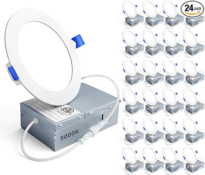 Ensenior 24 Pack 4 Inch LED Recessed Ceiling Light, Dimmable, 5000K Daylight, 750LM 9W 120V, High Brightness Canless Wafer Downlight - ETL&FCC&IC