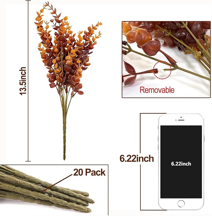 20 Bundles Artificial Fall Flowers for Outdoors Fall Decorations - UV Resistant Fake Mums Faux Plant Plastic Flowers Gardens Porch Fireplace Home Indoor Autumn Thanksgiving Decor(Brown Eucalyptus)