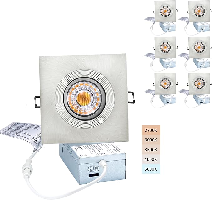 Canless Recessed Gimbal Downlight Rotatable-Spotlight 5 CCT 4 Inch Eyeball Ceilling Potlight, Dimmable Lights Fixture with Junction Box, 8W CCT Adjustable, Brushed Nickel Square Trim, 6P