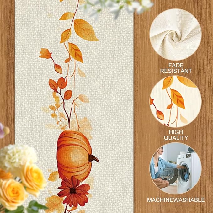 ANNA QUEEN Fall Pumpkin Table Runner 13 x 72 Inch for Dining Table, Table Runner forSeasonal Autumn Kitchen Dining Table Decoration for Home Party Decor Table Decoration Thanksgiving Harvest