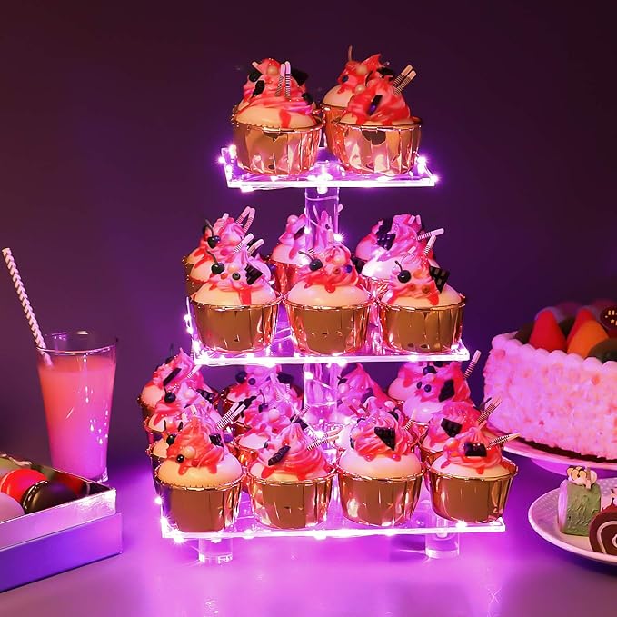 YestBuy 3 Tier Square Cupcake Stand - Premium Cupcake Holder - Acrylic Cupcake Tower Display - 3 Tier Acrylic Display for Pastry + LED Light String - Ideal for Weddings, Birthday Parties(Pink Light)