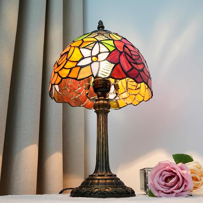 8 Inch Tiffany Stained Glass Lamp, Red And Orange Rose Flower Design, Victorian Vintage Style Bedside Lamp, Suitable For Bedroom Dining Room Office Hotel And Other Home Decoration (Gorgeous Rose)