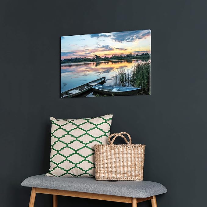 Lake Landscape Canvas Wall Art: Modern Relaxing Sunset Skyline Painting Simple Natural Boat Reed Print Wilderness Clear Calming Water Scenery Picture Green Forest View Gallery Artwork for Bedroom