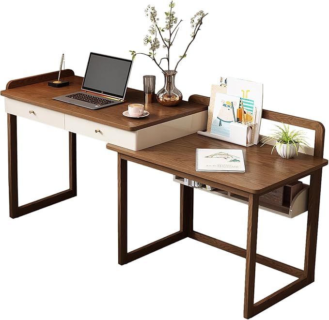 Lartis Extendable to 70" Solid Wood Desk, Storage Study Table with Side Unit, Multifunctional Workbench, Modern Office and Study Computer Desk