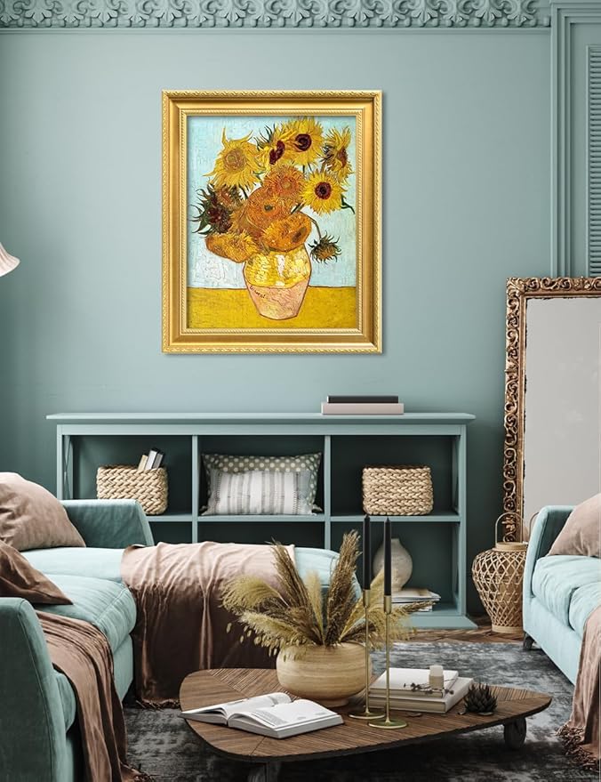 DECORARTS - Twelve Sunflowers by Vincent Van Gogh. Giclee Print on Acid-Free Canvas in Gold Solid Wood Frame. Picture Size: 16x20, Total Size: 24.75x20.75, Made in USA