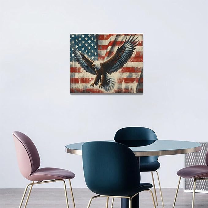 Large Bald Eagle Wall Art American Flag and Eagle Pictures Wall Decor Patriotic Motivational Bedroom Sign Canvas Painting Prints Modern Home Decoration Artworks Framed for Living Room Office 20"x16"