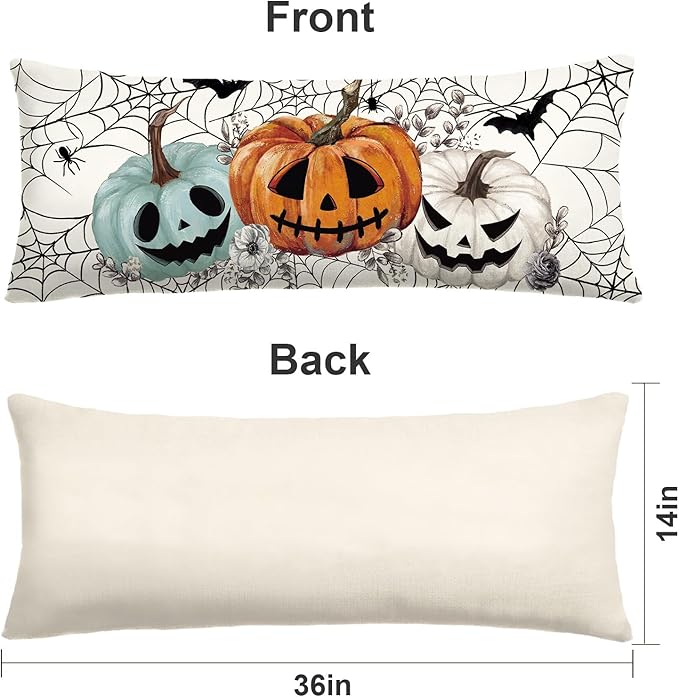 Baccessor Halloween Pillow Cover 14x36 Inch, Pumpkins Bats Spider Web Long Pillow Case Halloween Decor for Cushion Sofa Couch Indoor Outdoor Decoration 1 Piece
