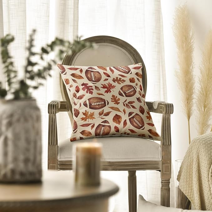 AVOIN colorlife Fall Football Maple Leaves Throw Pillow Covers 18x18 Inch, Seasonal Autumn Thanksgiving Harvest Cushion Case Decoration for Sofa Couch Set of 2