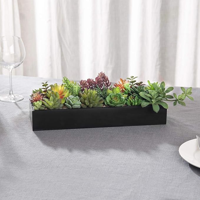 MyGift Artificial Succulent Centerpiece,15.75 Inch Faux Succulents Arrangement Plants in Sleek Black Wooden Rectangular Planter Box