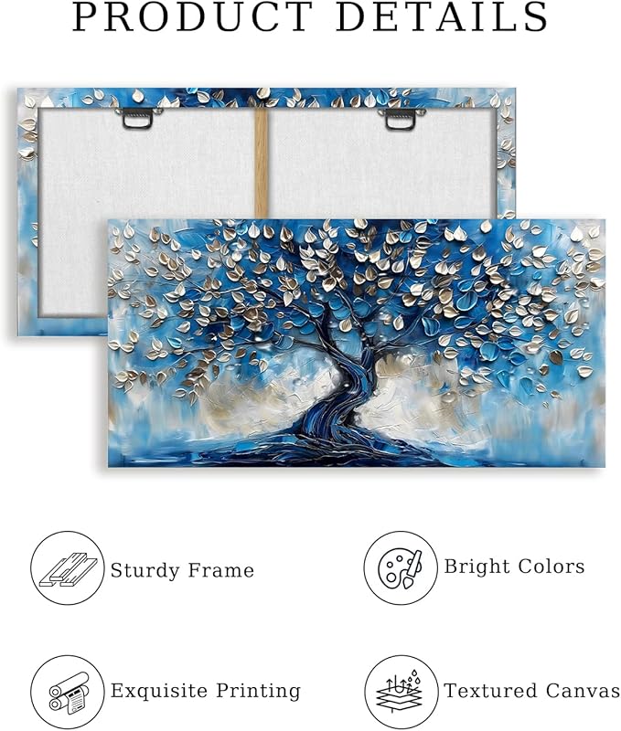 crmotu Tree of Life Large Wall Art for Living Room, Blue Tree Canvas Decor Paintings Abstract Art Prints, Neutral Navy Blue Pictures Wall Decor for Bedroom Bathroom Office Modern Home Decor 30"X60"