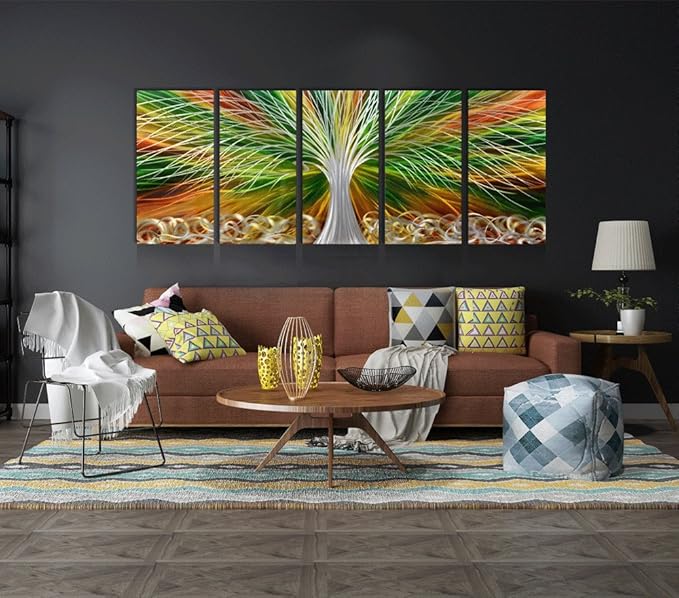 Yihui Arts Abstract Metal Wall Art - Tree Of Life Hand Crafted 5 Pieces Panels Large Big Unique 3D Aluminum Modern Contemporary Home Accent