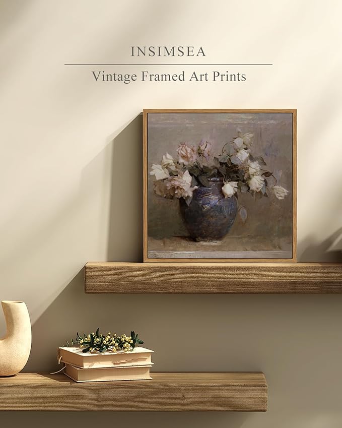 InSimSea Square Framed Canvas Wall Art, Flowers Farmhouse Prints Vintage Classical Floral Rose in Vase Pictures Wall Decor Paintings, Canvas Wall Decor for Living Room Kitchen Bathroom 12"x12"