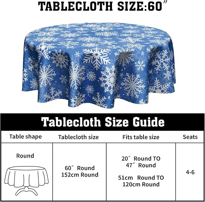 Winter Blue Snowflakes Round Tablecloth Blue and White Round Christmas Table Cover 60 Inch Washable Xmas Holiday Table Cloth for Home Kitchen Dining Room Patio Picnic Party Indoor Outdoor Decor