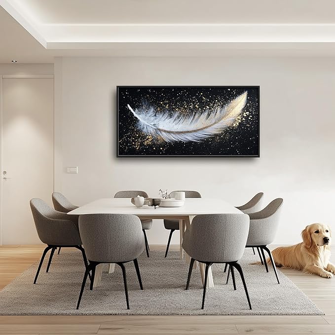 Flintis Large Feather Framed Wall Art White and Gold Feather Pictures Wall Decor Abstract Modern Canvas Painting Print Artworks Decor Framed for Living Room Bathroom Master Bedroom 60L X 30W