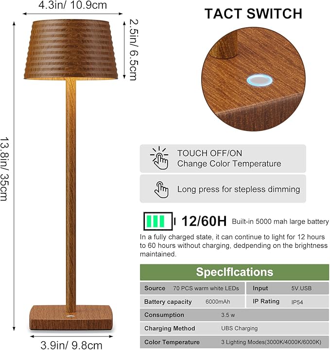 2Pack Cordless Table Lamps Rechargeable,Battery 6000mAh LED Portable Lights for Outdoor/Patio/Restaurant/Indoor Desk Lamp - IP54 Waterproof 3 Colors Stepless Dimming (2pack Wood Grain)