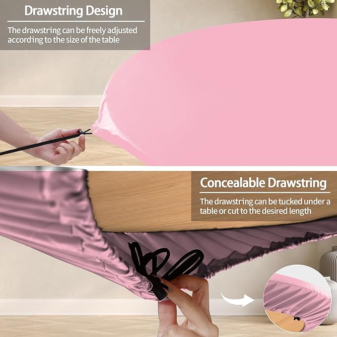 Fitted Pink Round Tablecloth for 36-44" Tables Waterproof Vinyl Mantel Redondo Para Mesa De 6 Sillas Accesorios Para Cocina Home Camping Sets Girls Birthday Party Desk Unique Decorations