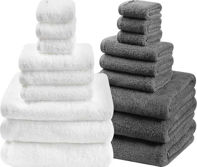 SEMAXE 18-Piece Mixed Color Bathroom Towel Set(White, Gray) - Bath Towel, Hand Towel, and Washcloth – 3 Pieces per Color, 100% Cotton, Lightweight, Absorbent, Quick-Drying, Ideal for Couples and Gifts