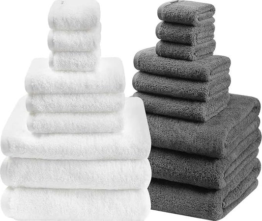 SEMAXE 18-Piece Mixed Color Bathroom Towel Set(White, Gray) - Bath Towel, Hand Towel, and Washcloth – 3 Pieces per Color, 100% Cotton, Lightweight, Absorbent, Quick-Drying, Ideal for Couples and Gifts