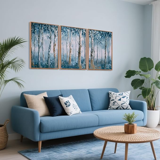 CHDITB Birch Trees Framed Canvas Wall Art Set, Blue Tree Abstract Nature Wall Decor,Blooming Birch Dreamy Forest Wall Painting, Vintage Landscape Art Prints for Living Room Bedroom Office-16 x24 x3