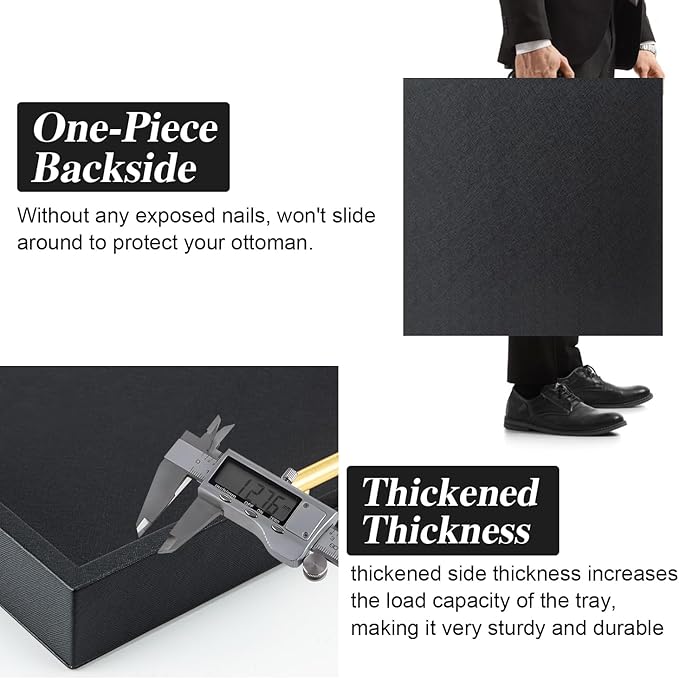 Black Square Serving Tray with Gold Handles for Party,Large Wood Decorative Tray for Ottoman,Faux Leather Coffee Table Tray Decor