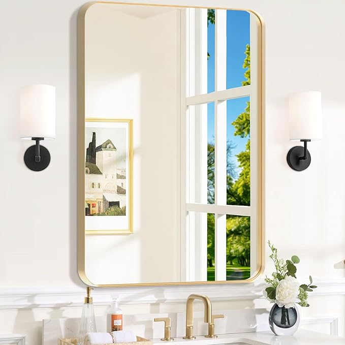 Brushed Gold Bathroom Mirror 24x36 Inch, Rounded Rectangular Bathroom Mirrors, Aluminum Alloy Frame Bathroom Mirror, Farmhouse, Hangs Horizontally or Vertically, HD Tempered Glass