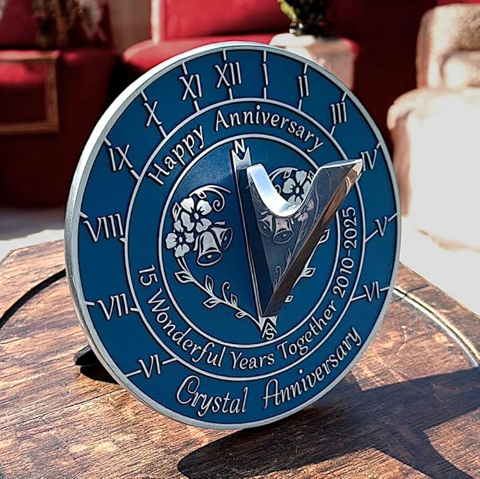 Anniversary Sundial Gift for 15th Crystal Wedding Anniversary in 2025 - Recycled Metal Home Decor Or Garden Present Idea - Handmade in UK for Him, Her Parents Or Couples 15 Year Celebration
