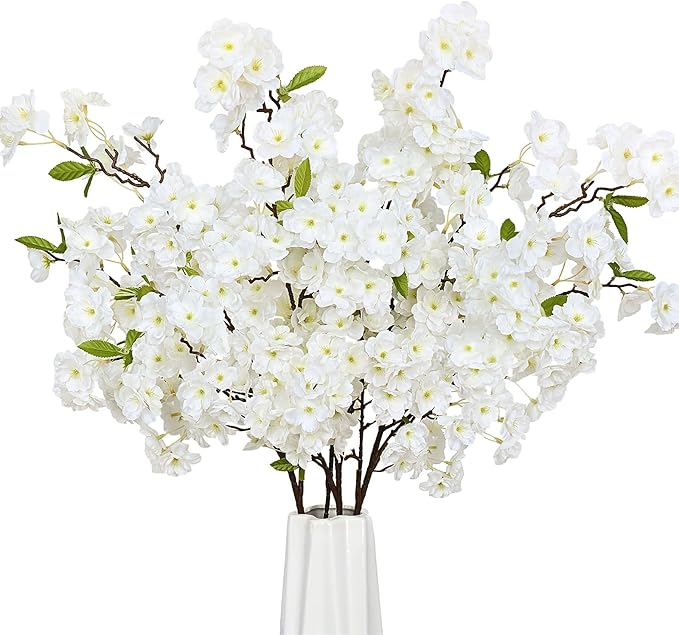 Sunm Boutique White Cherry Blossom Flowers, Artificial Cherry Blossom Decor Faux Cherry Blossom Branches Vase Arrangements for Wedding Home Party Kitchen Decor, Set of 3