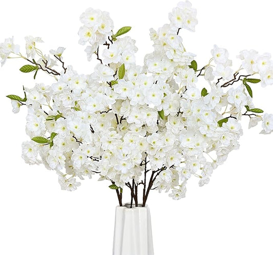 Sunm Boutique White Cherry Blossom Flowers, Artificial Cherry Blossom Decor Faux Cherry Blossom Branches Vase Arrangements for Wedding Home Party Kitchen Decor, Set of 3