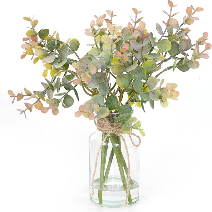 Artificial Eucalyptus Stems in Glass Vase with Faux Water,6Pcs Grey-Orange Fake Plant for Centerpiece (Grey-Orange Eucalyptus)