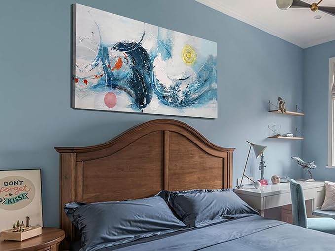 Ardemy Abstract Wall Art Canvas Modern Textured Teal White for Living Room Painting, Wall Art for Living Room Picture Bedroom Large Artwork Framed Home Office Kitchen Bathroom Wall Decor, 40"x20"