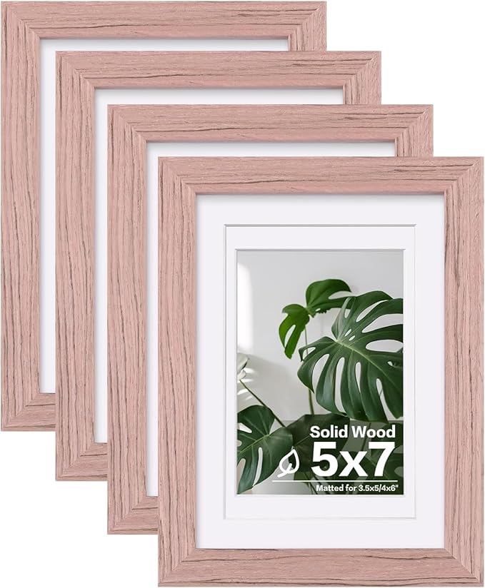 Egofine 5x7 Picture Frames Set of 4, Made of Solid Wood Covered by Plexiglass 3.5x5 and 4x6 with Mat or 5x7 without Mat, for Table Top Display and Wall Mounting Photo Frame Peach Pink