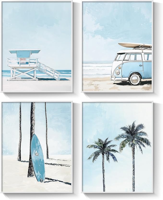 Framed Blue Coastal Beach Wall Art for Room Decor, 4 Piece Beach Ocean Bathroom Canvas Pictures Prints, Palm Tree Surfboard Coastal Summer Artwork for Living Room Bedroom Office Walls Decor, 11x14 In