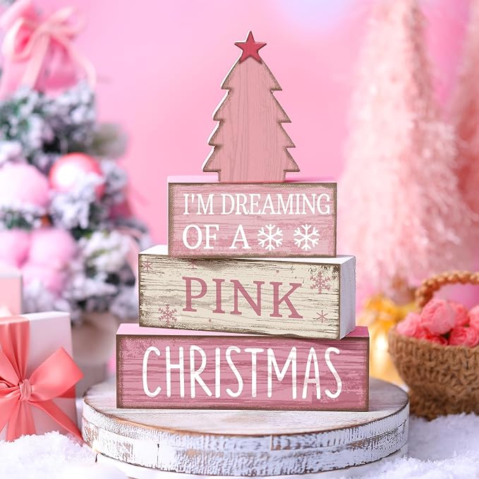 4 Pcs Christmas Table Decoration Wooden Pink Christmas Tree Centerpieces Decor Winter Tiered Tray Decor Rustic Decorative Tree Block Signs Gift Farmhouse Xmas Decoration for Home Kitchen