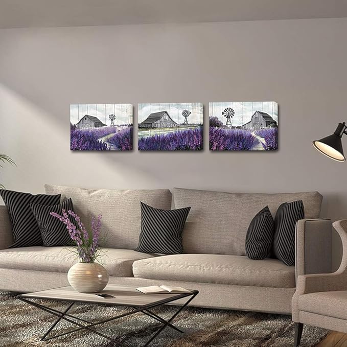 RyounoArt Farmhouse Wall Art Barn Windmill Lavender Pictures Countryside Rural Landscape Canvas Painting Wall Decor Framed Ready to Hang 12 * 16 inches* 3pcs