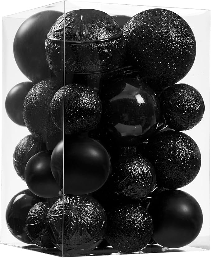 Wironlst Christmas Ball Ornaments - 30pcs Shatterproof Plastic Christmas Ornaments Hanging Ball Decorations for Xmas Tree, Holiday, Wedding, Party (Multi-Size, Black)