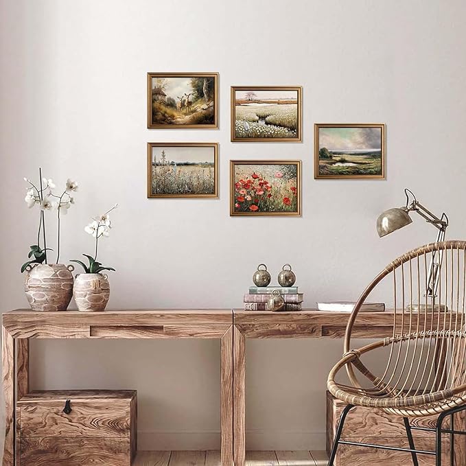 Framed Vintage Wall Art Classical Oil Painting Canvas Print Deers Country Road Bedroom Living Room Wall Decor (Deers, 16L x 12W)