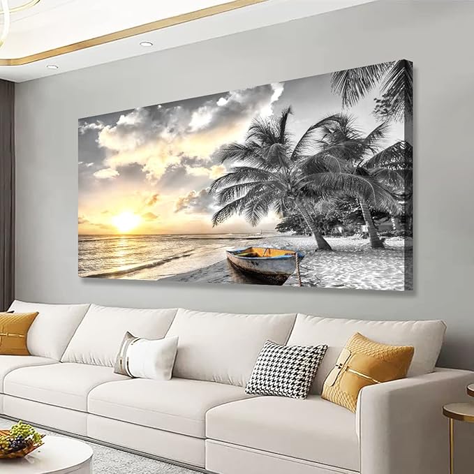 Black and White Beach Pictures Canvas Wall Art for Living room Bedroom Wall Decor,Seascape Wall Art Print Paitnings for home Decor,Morden Artwork Sunset Canvas Art Waterproof Stretched Ready to