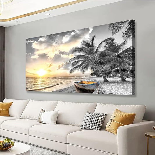 Black and White Beach Pictures Canvas Wall Art for Living room Bedroom Wall Decor,Seascape Wall Art Print Paitnings for home Decor,Morden Artwork Sunset Canvas Art Waterproof Stretched Ready to