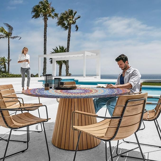 Fitted Round Tablecloth Bohemian Vinyl Patio Table Cloths for 36-44" Tables Camper Travel Vacation Accessories Living Room New HomeHouse Decorations Outdoor Road Trip Must Haves