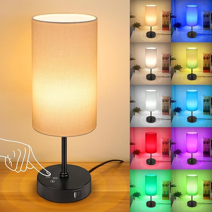 Unicozin Small Table Lamp, 3 CCT 3000K/4500K/6500K & RGB Color Changing, Stepless Dimmable Bedside Lamp for Reading, Touch Control Ambience Nightstand Light for Home Decor Party, Cream Shade