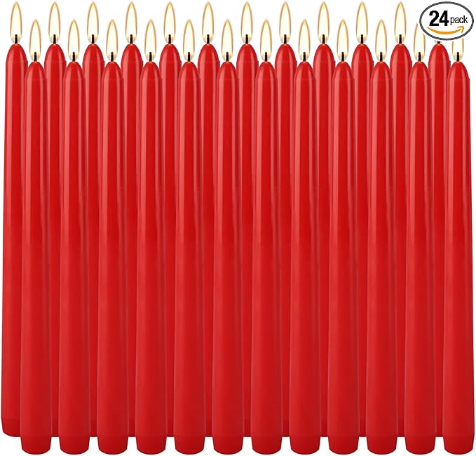 24 Pack Red Taper Candles, 7-8 Hours Burn Time, Unscented, Smokeless and Dripless, 0.75 x 10 Inch Dinner Candle Set for Christmas,Household, Wedding, Party and Home Décor Candlesticks