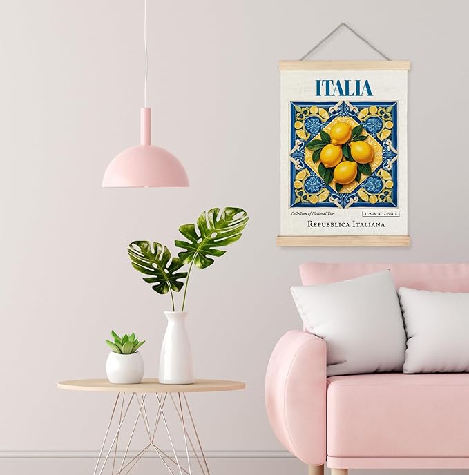 Yomisex Italia Tile Lemon Wall Art Poster, Traditional Republica Italiana Ceramic Tiles Lemons Aesthetic Canvas Prints Wall Art Framed for Home Kitchen Dining Room Decor, 12x16 Inch