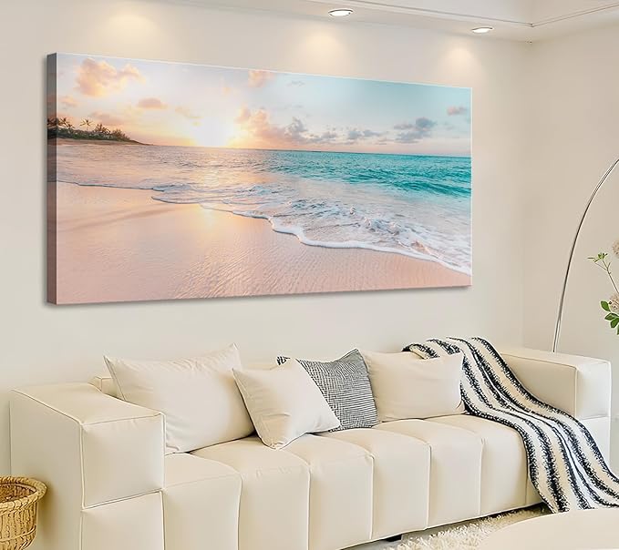 OKEXCKK Beach Canvas Wall Art - Sunset Ocean Picture Green Nature Seascape Painting Print for Kitchen, Bedroom, Living Room Decoration, Large Coastal Artwork Poster for Wall Decor 20"x40"