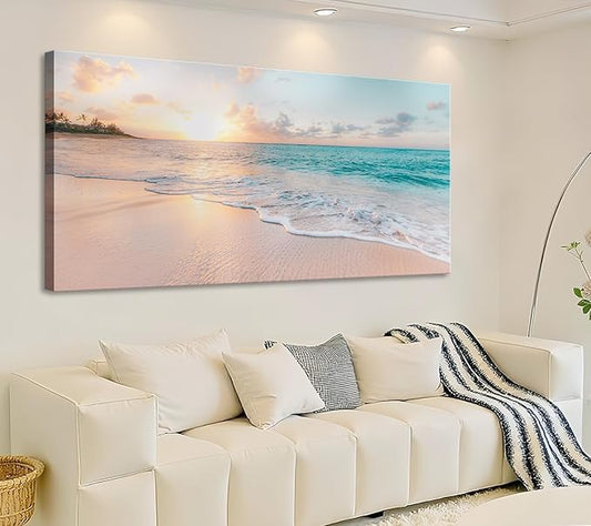 OKEXCKK Beach Large Canvas Wall Art Picture for Living Room - Sunset Ocean Nature Painting Print Decor Coastal Wall Decor Seascape Artwork Poster for Bedroom Decoration - 24"x48"