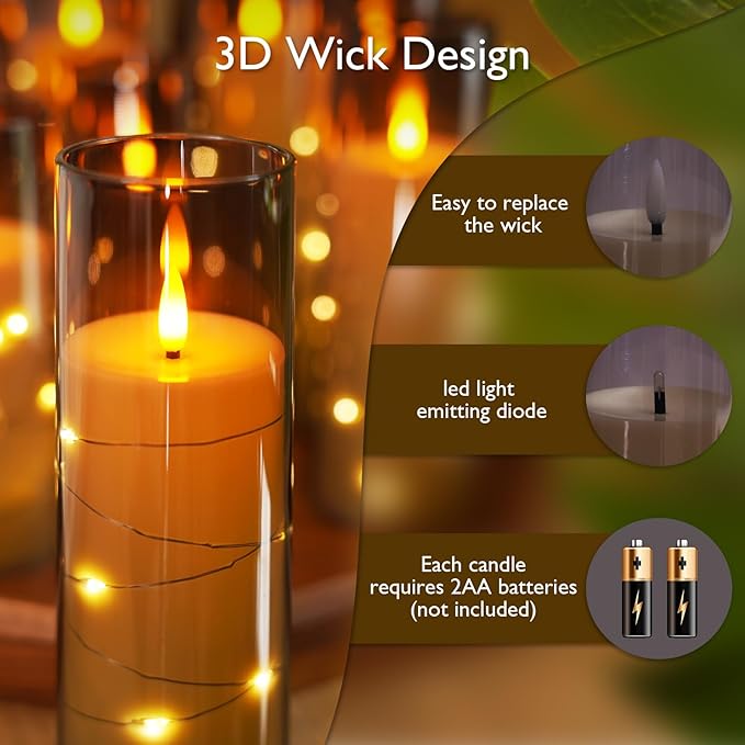 Raycare Flameless LED Candles with Embedded Star String, 9 Pcs Battery Operated Acrylic Pillar Candles with Timer and Remote, Flickering for Romantic Ambiance and Home Decoration (Grey)