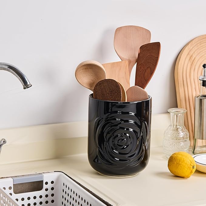 Black Ceramic Utensil Holder Set of 2 - Rose Carved Design, Kitchen Countertop Utensil Organizer for Spatula, Spoon & Cooking Tools, Large (7.5") & Small (5.5"), Farmhouse Kitchen Counter Decor
