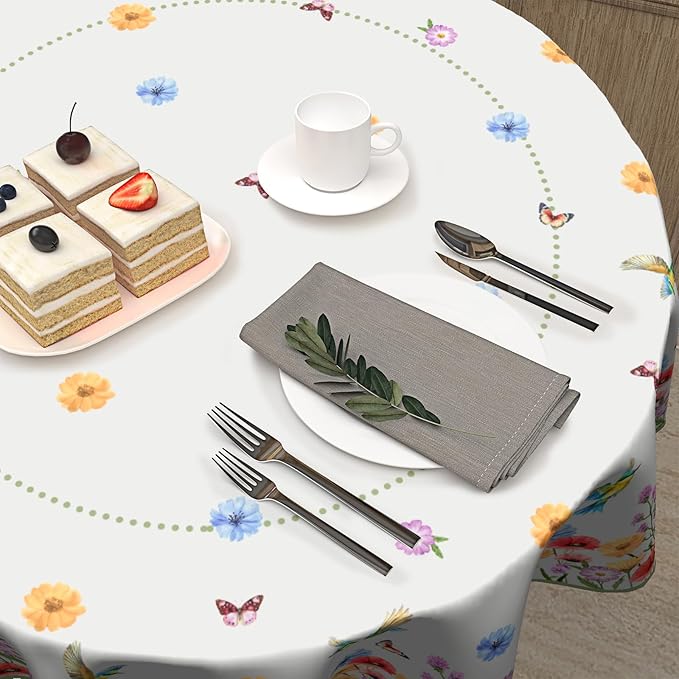 Kawani Spring Summer Wildflower Watercolor Flowers & Butterfly 60"Round Polyester Tablecloth for Home Kitchen Dining Room Picnic Outdoor Party Table Decor